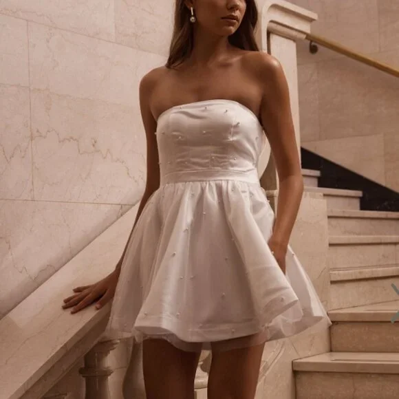 green emerald velvet dress Light Blue Strapless Babydoll Mini Dress – Edina by Sky to Moon | Size M | Fit-And-Flare main image 1